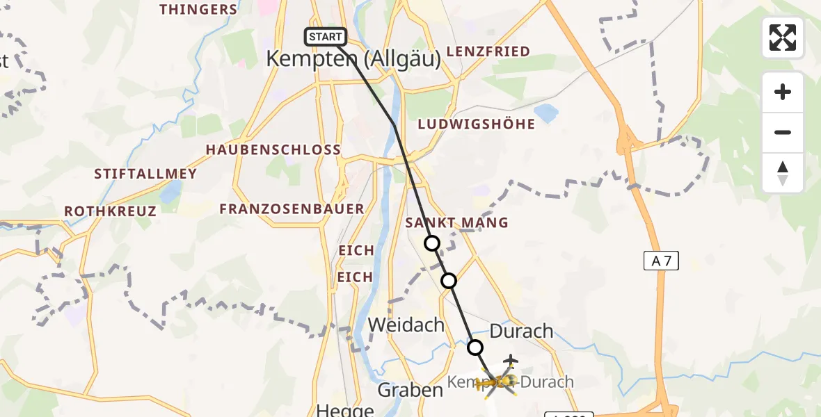 Flugroute Rettungshubschrauber Kempten (Allgäu) - Kempten-Durach Airfield, 05 März 2026, 12:38