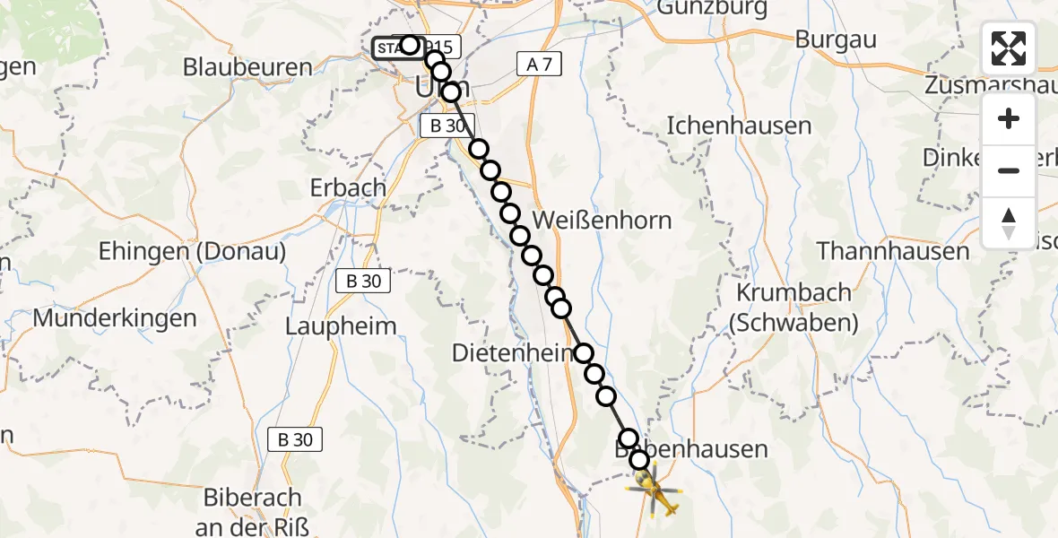 Flugroute Rettungshubschrauber ADAC Air Rescue Station Ulm (Christoph 22) - Winterrieden, 05 März 2026, 12:42