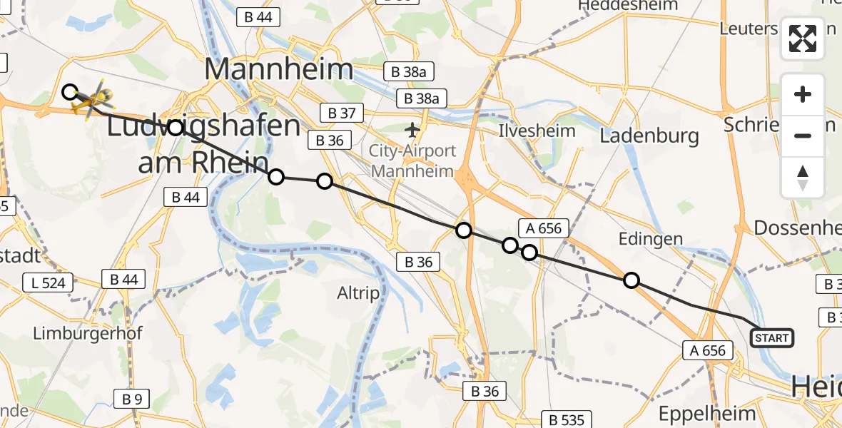 Flugroute Rettungshubschrauber Heidelberg - Ludwigshafen am Rhein, 05 März 2026, 12:42