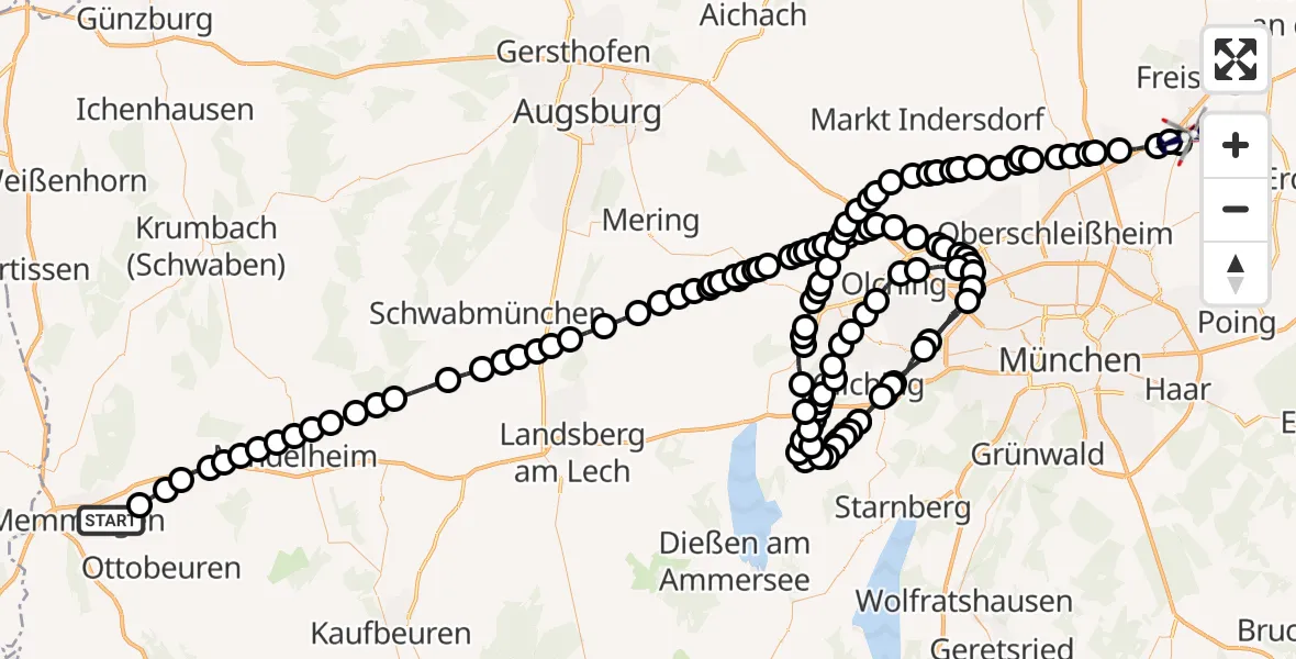 Flugroute Polizeihubschrauber Memmingen Allgau Airport - Hallbergmoos, 05 März 2026, 12:45