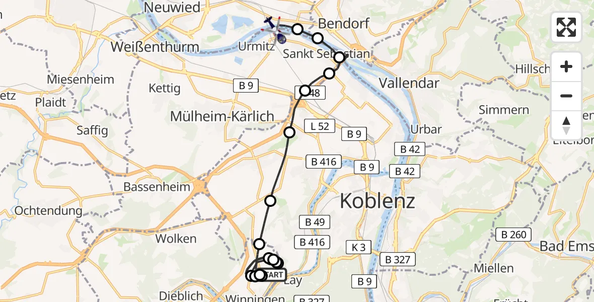 Flugroute Polizeihubschrauber Koblenz-Winningen Airfield - Urmitz, 05 März 2026, 12:46