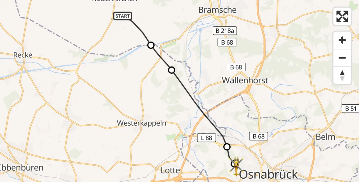 Flugroute Rettungshubschrauber Neuenkirchen - Osnabrück Hospital Helipad, 05 März 2026, 12:47