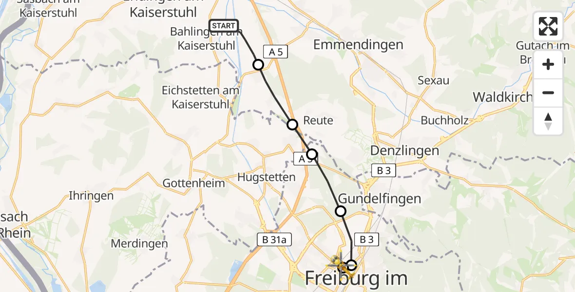 Flugroute Rettungshubschrauber Bahlingen am Kaiserstuhl - Freiburg University Hospital Heliport 1, 05 März 2026, 12:48