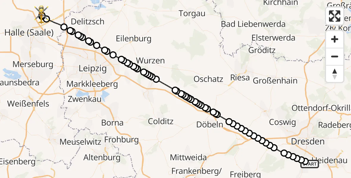Flugroute Ambulanzhubschrauber Theisewitz - Halle-Oppin Airfield, 05 März 2026, 12:55