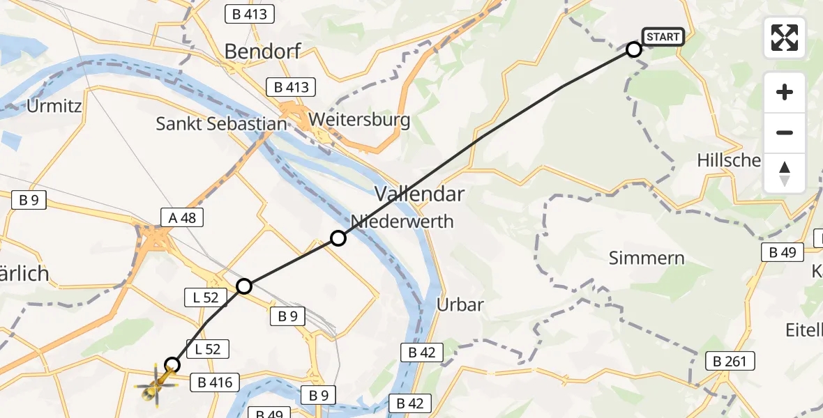 Routekaart van de vlucht: Rettungshubschrauber nach Koblenz, Rübenacher Straße