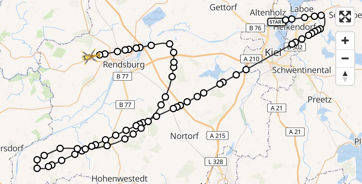 Routekaart van de vlucht: Rettungshubschrauber nach Fockbek, Ehemalige Bahnstrecke Husum–Erfde–Rendsburg