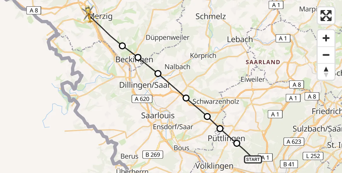 Flugroute Rettungshubschrauber Saarbrücken - Merzig, 05 März 2026, 13:10