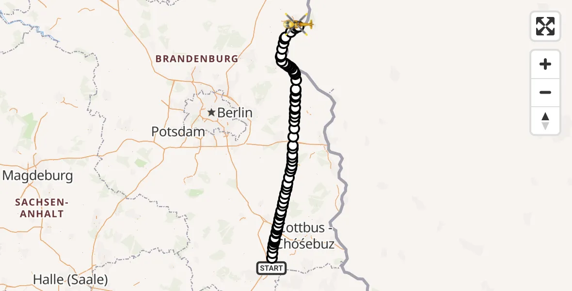 Flugroute Ambulanzhubschrauber Großräschen - Schwedt/Oder, 05 März 2026, 13:16