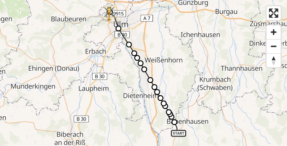 Flugroute Rettungshubschrauber Winterrieden - ADAC Air Rescue Station Ulm (Christoph 22), 05 März 2026, 13:23