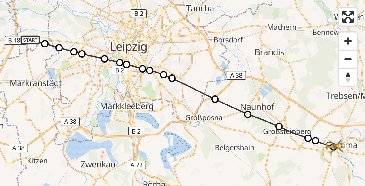 Routekaart van de vlucht: Rettungshubschrauber nach Grimma Hospital Heliport