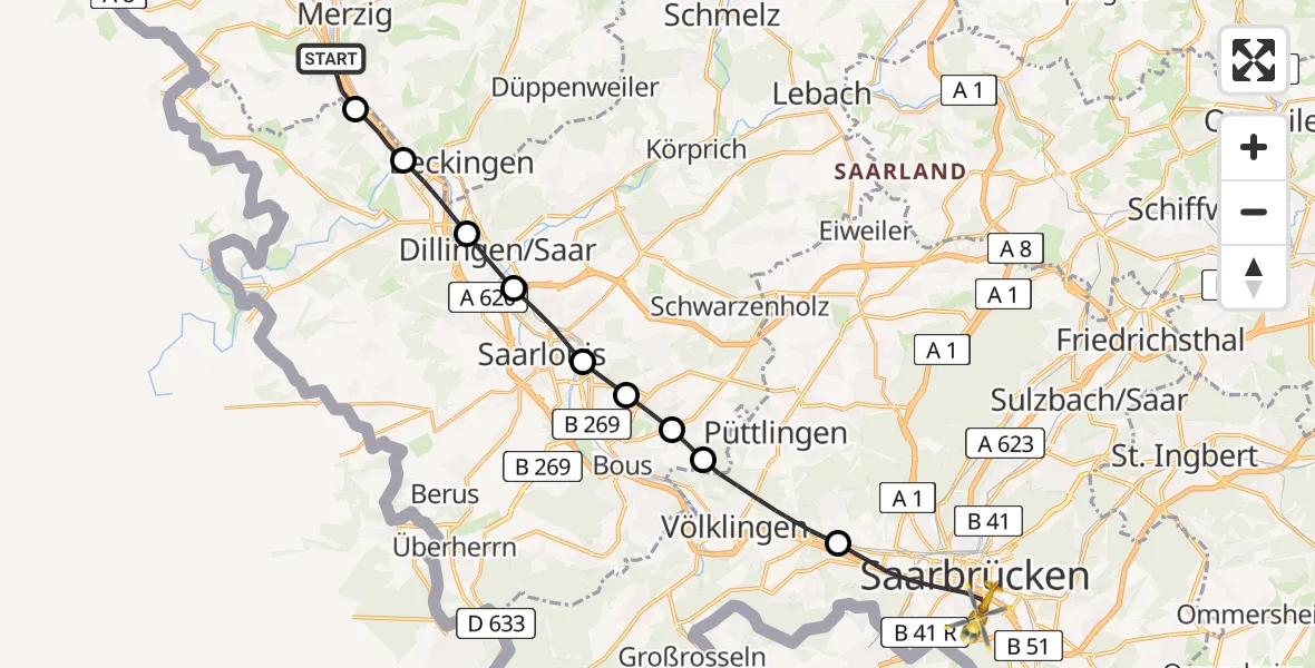 Flugroute Rettungshubschrauber Merzig - Saarbrücken, 05 März 2026, 13:58
