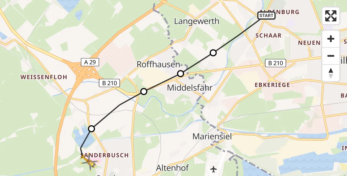 Flugroute Rettungshubschrauber Wilhelmshaven - Sande, 05 März 2026, 14:06