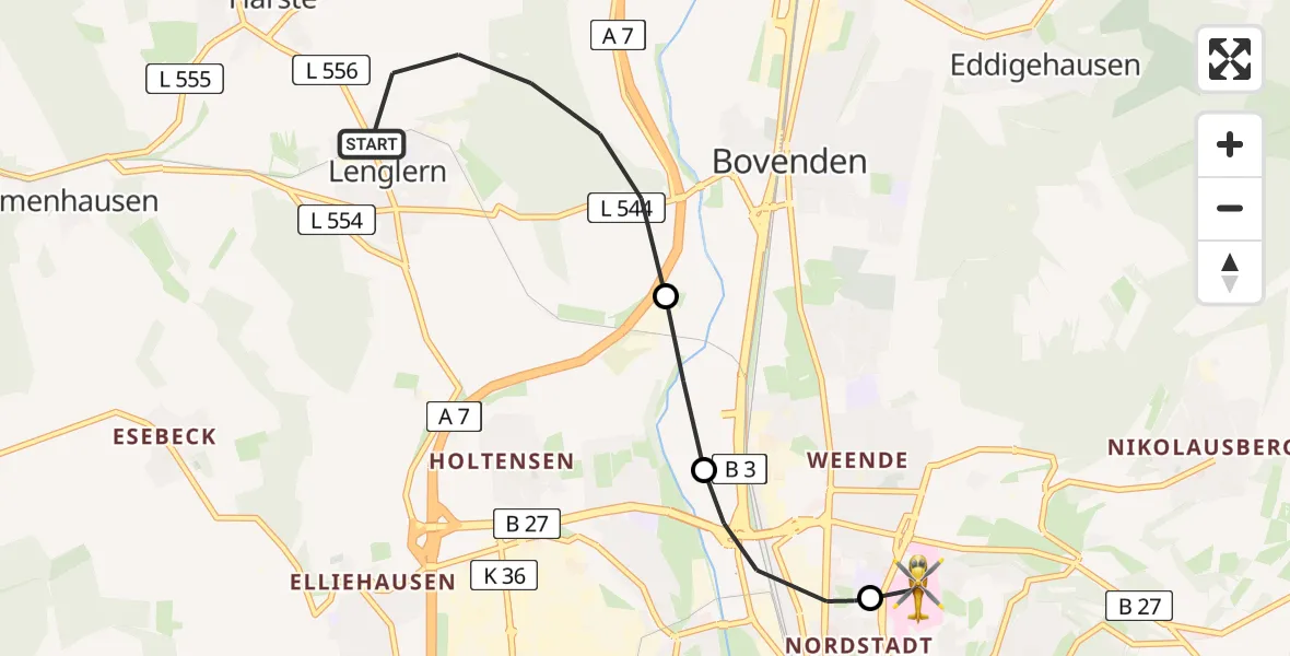 Flugroute Rettungshubschrauber Bovenden - Göttingen University Clinic Heliport, 05 März 2026, 14:10