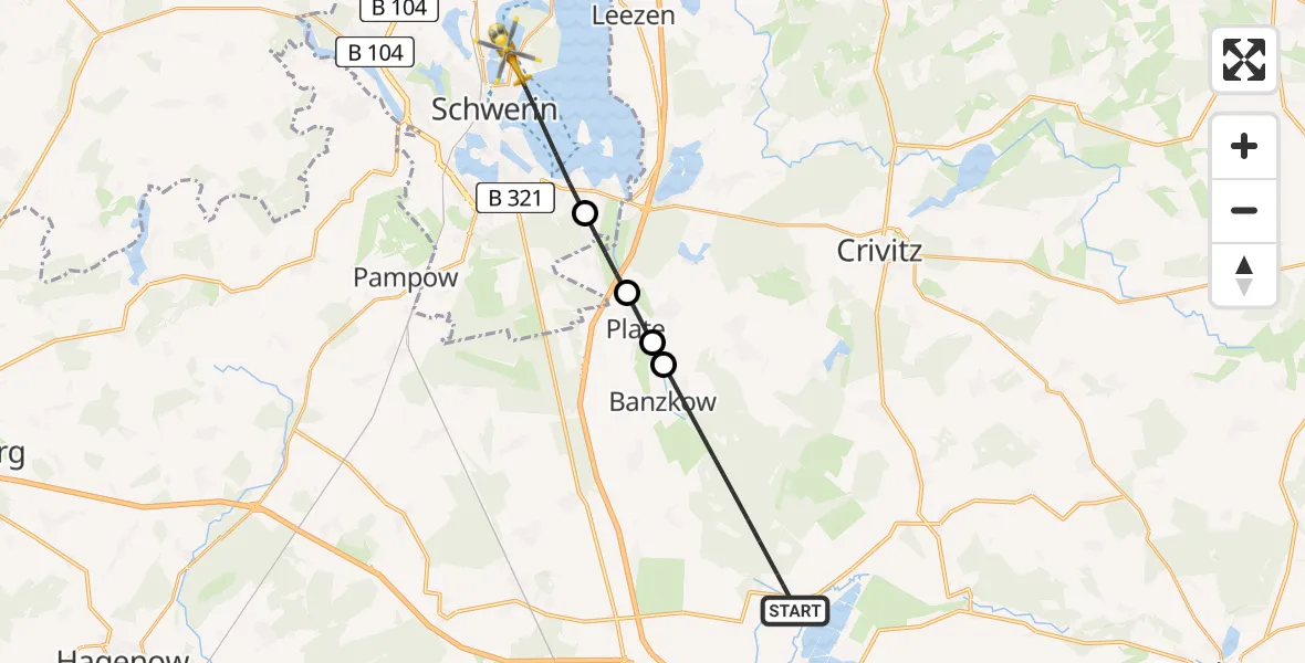 Routekaart van de vlucht: Rettungshubschrauber nach Schwerin, Lucie-Höflich-Straße