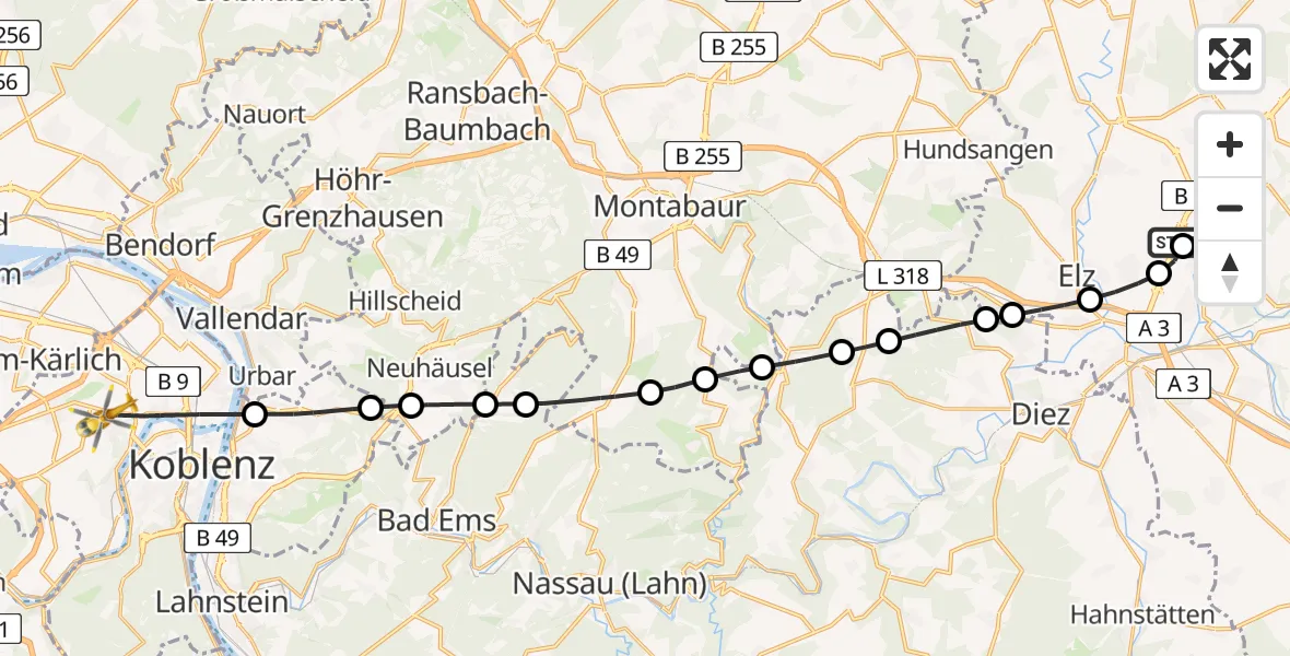 Flugroute Rettungshubschrauber Ahlbach - Koblenz, 05 März 2026, 14:17