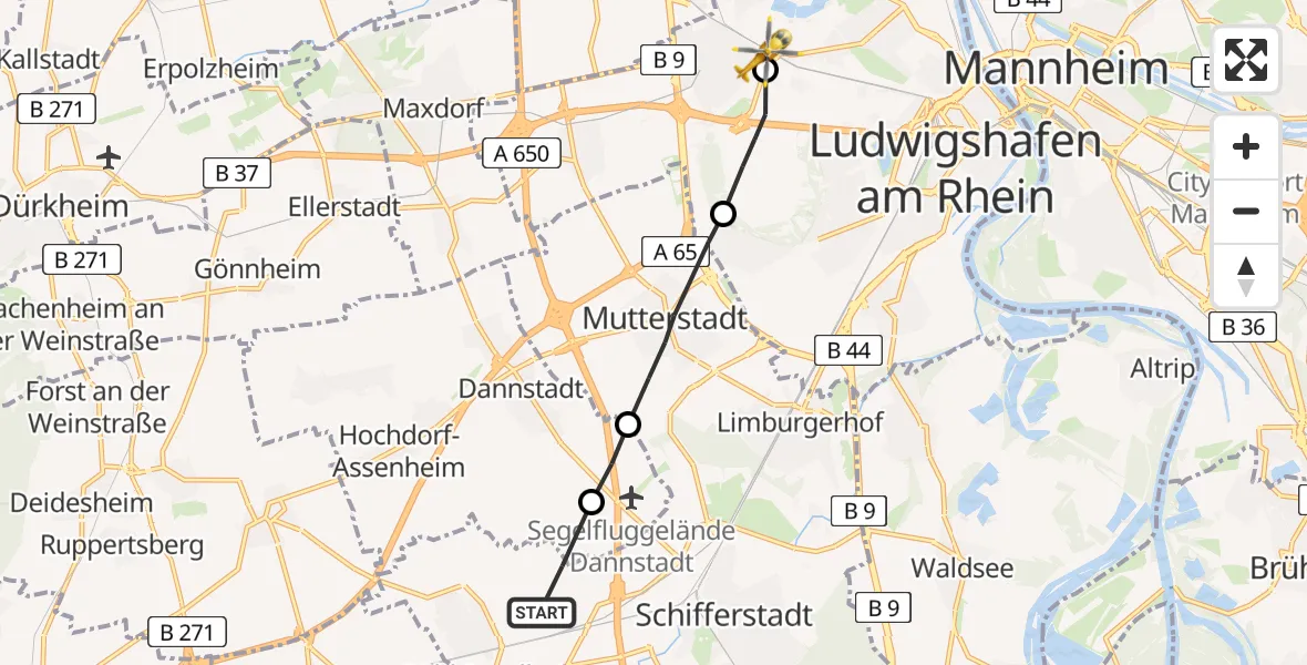 Flugroute Rettungshubschrauber Böhl-Iggelheim - Ludwigshafen am Rhein, 05 März 2026, 14:25