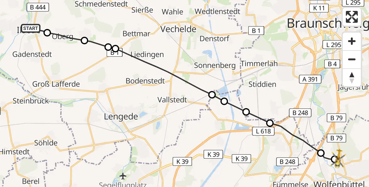 Flugroute Rettungshubschrauber Groß Ilsede - Wolfenbüttel Municipal Hospital Heliport (Christoph 30), 05 März 2026, 14:44