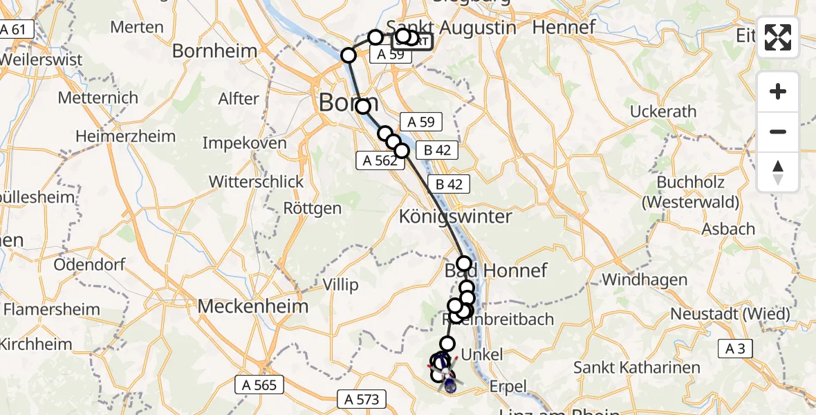 Flugroute Polizeihubschrauber Bonn-Hangelar Airfield - Unkelbach, 05 März 2026, 14:48
