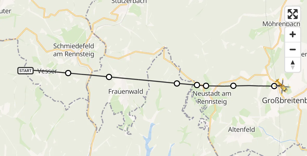Flugroute Rettungshubschrauber Vesser - Großbreitenbach, 05 März 2026, 14:49