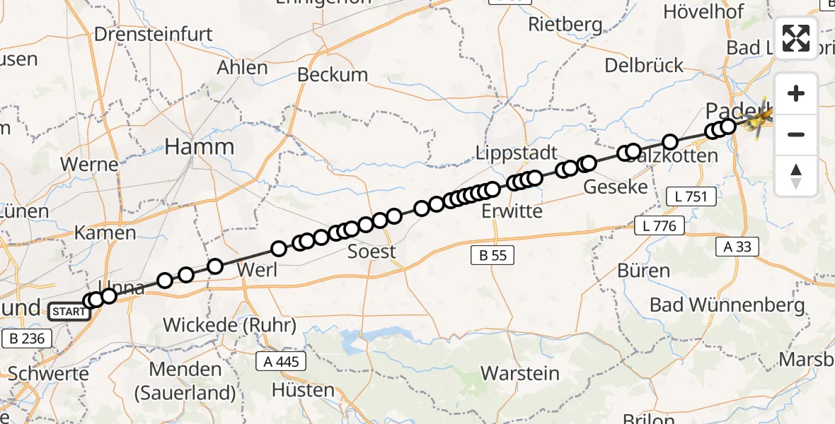 Flugroute Ambulanzhubschrauber Dortmund Airport - Paderborn, 05 März 2026, 15:24