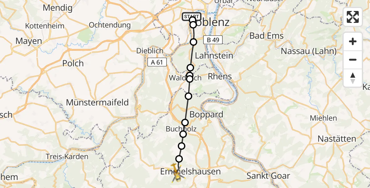 Flugroute Rettungshubschrauber Koblenz - Emmelshausen, 05 März 2026, 15:28