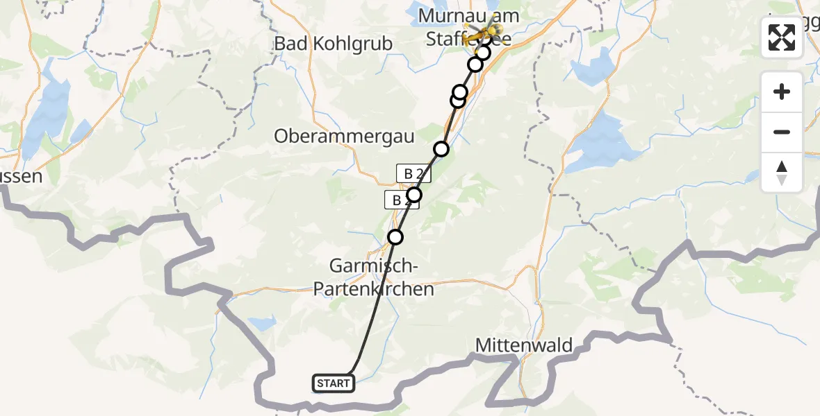 Flugroute Rettungshubschrauber Garmisch-Partenkirchen - Murnau Accident Hospital Heliport, 05 März 2026, 15:28