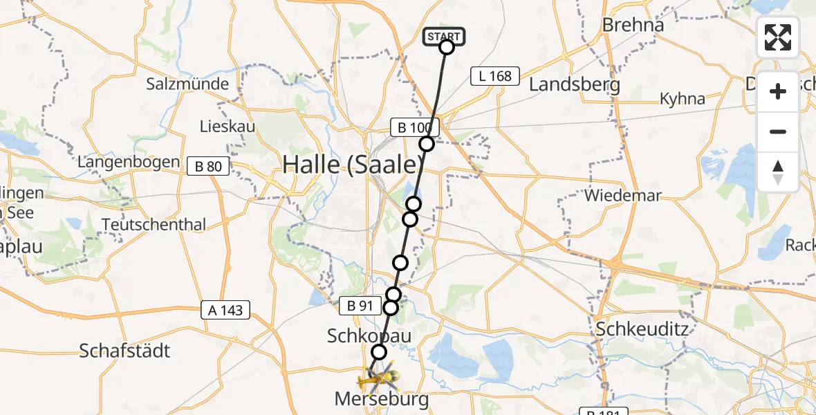 Flugroute Rettungshubschrauber Halle-Oppin Airfield - Merseburg, 05 März 2026, 15:28