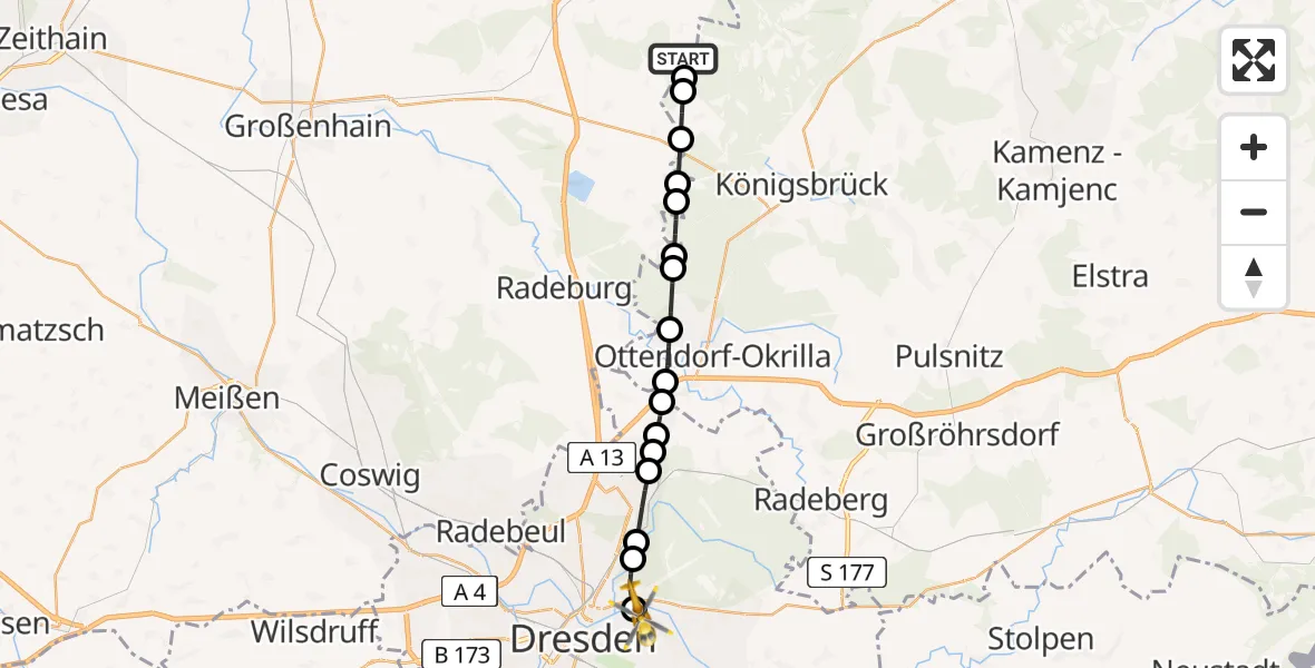 Flugroute Rettungshubschrauber Thiendorf - Dresden Elbwiesen Heliport, 05 März 2026, 15:53