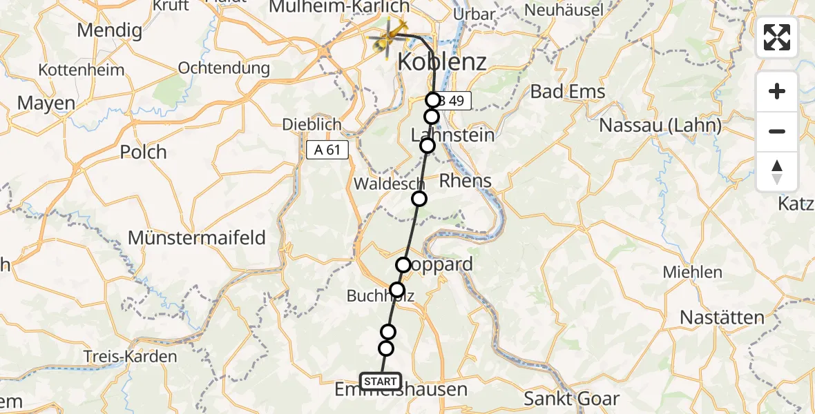 Flugroute Rettungshubschrauber Emmelshausen - Koblenz, 05 März 2026, 15:56