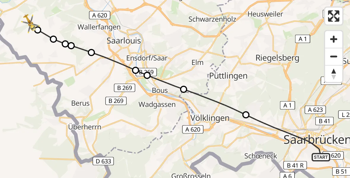 Flugroute Rettungshubschrauber Saarbrücken - Rammelfangen, 05 März 2026, 15:58