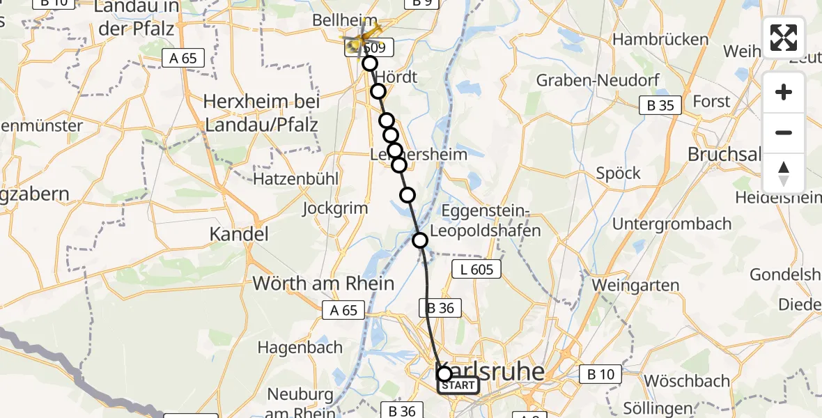 Flugroute Rettungshubschrauber Sankt Vincentius Hospital Heliport - Bellheim, 05 März 2026, 16:06
