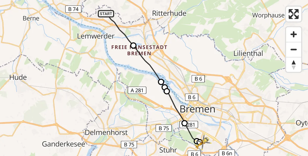Flugroute Rettungshubschrauber Bremen-Nord - ADAC Air Rescue Station Bremen Heliport (Christoph 6), 05 März 2026, 16:18