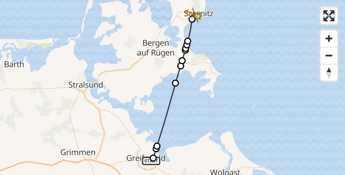 Flugroute Rettungshubschrauber Greifswald Hospital Heliport - Sassnitz, 05 März 2026, 16:21
