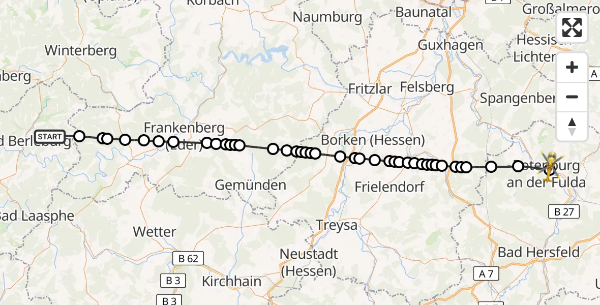 Flugroute Rettungshubschrauber Bad Berleburg - Rotenburg an der Fulda Cardiovascular Center Heliport, 05 März 2026, 16:22