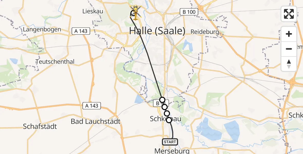 Flugroute Rettungshubschrauber Merseburg - Halle (Saale) University Hospital Heliport, 05 März 2026, 16:23
