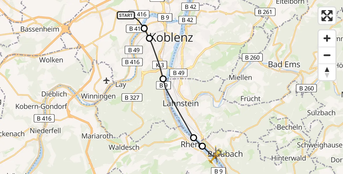 Routekaart van de vlucht: Rettungshubschrauber nach Braubach, Am Campingplatz