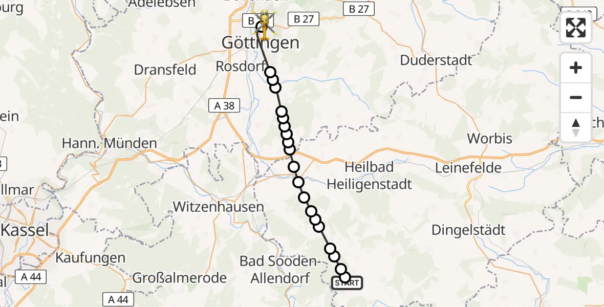 Flugroute Rettungshubschrauber Pfaffschwende - Göttingen University Clinic Heliport, 05 März 2026, 16:27