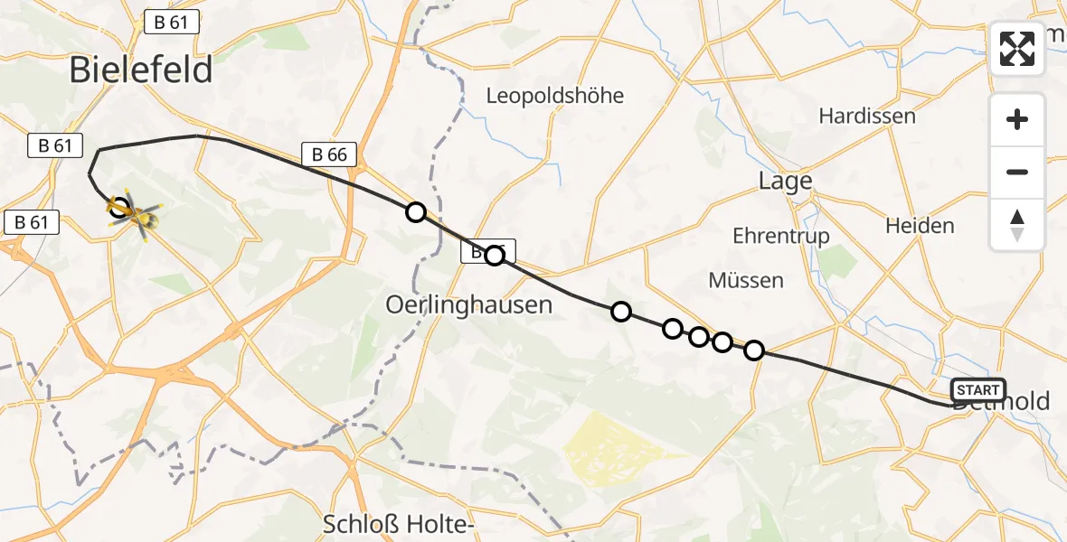 Flugroute Rettungshubschrauber Detmold - Luftrettungszentrum Bielefeld, 05 März 2026, 16:33
