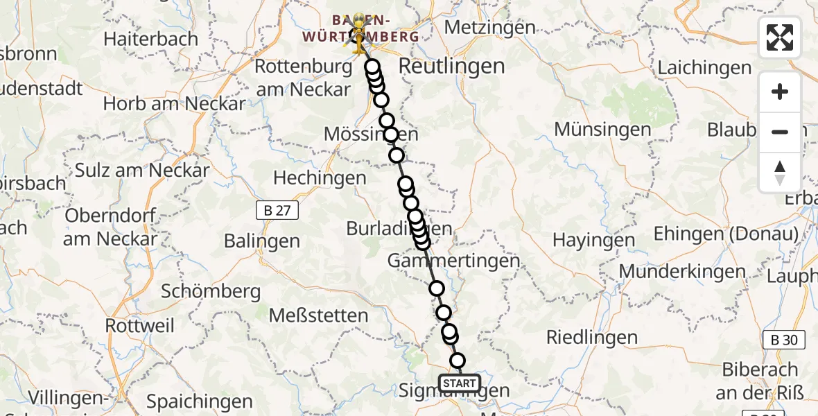 Flugroute Rettungshubschrauber Sigmaringen - Tübingen University Hospital Heliport, 05 März 2026, 16:40