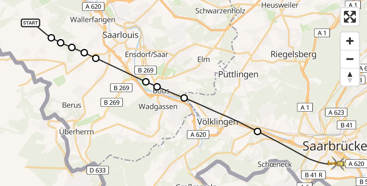 Flugroute Rettungshubschrauber Wallerfangen - Saarbrücken, 05 März 2026, 16:42