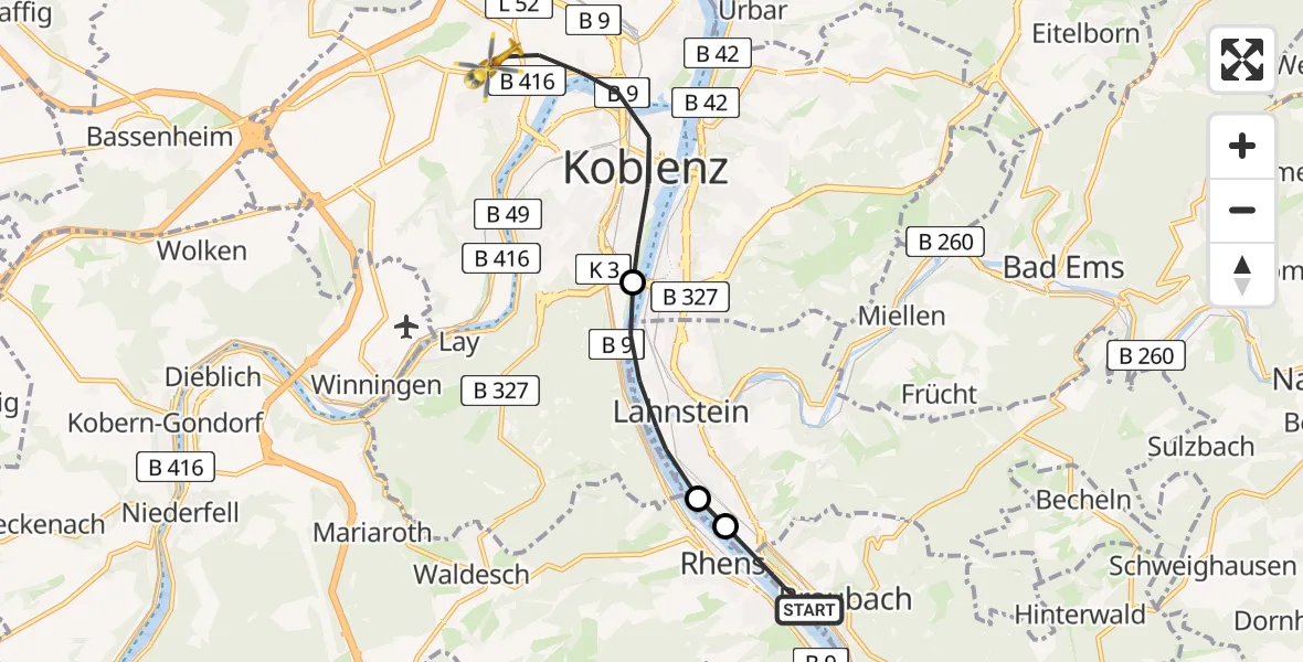 Flugroute Rettungshubschrauber Braubach - Koblenz, 05 März 2026, 16:52