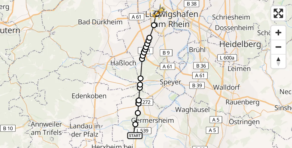 Flugroute Rettungshubschrauber Bellheim - Ludwigshafen Accident Hospital Heliport, 05 März 2026, 16:52