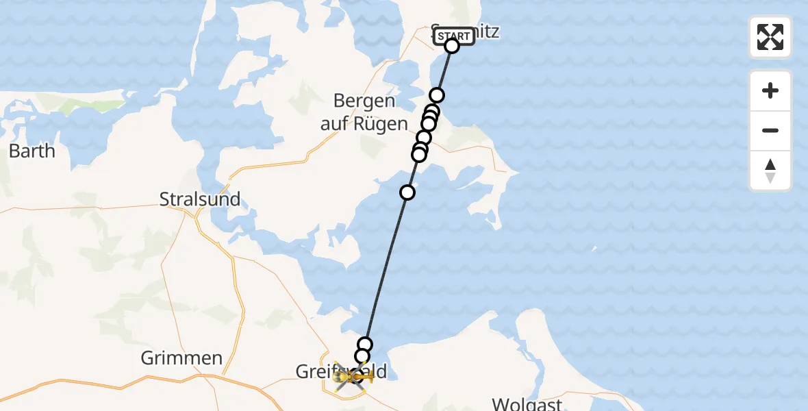 Flugroute Rettungshubschrauber Sassnitz - Greifswald Hospital Heliport, 05 März 2026, 16:59