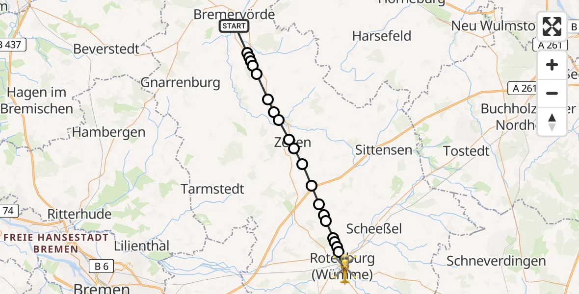 Flugroute Ambulanzhubschrauber Bremervörde - Rotenburg, 05 März 2026, 17:18
