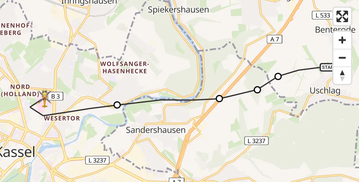 Routekaart van de vlucht: Rettungshubschrauber nach Kassel, Mönchebergstraße