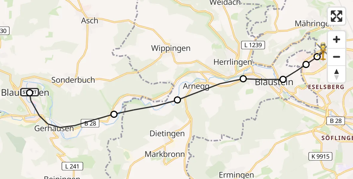 Flugroute Rettungshubschrauber Blaubeuren - ADAC Air Rescue Station Ulm (Christoph 22), 05 März 2026, 17:59