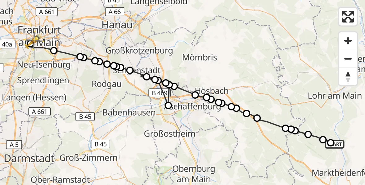 Routekaart van de vlucht: Ambulanzhubschrauber nach Frankfurt University Hospital Heliport