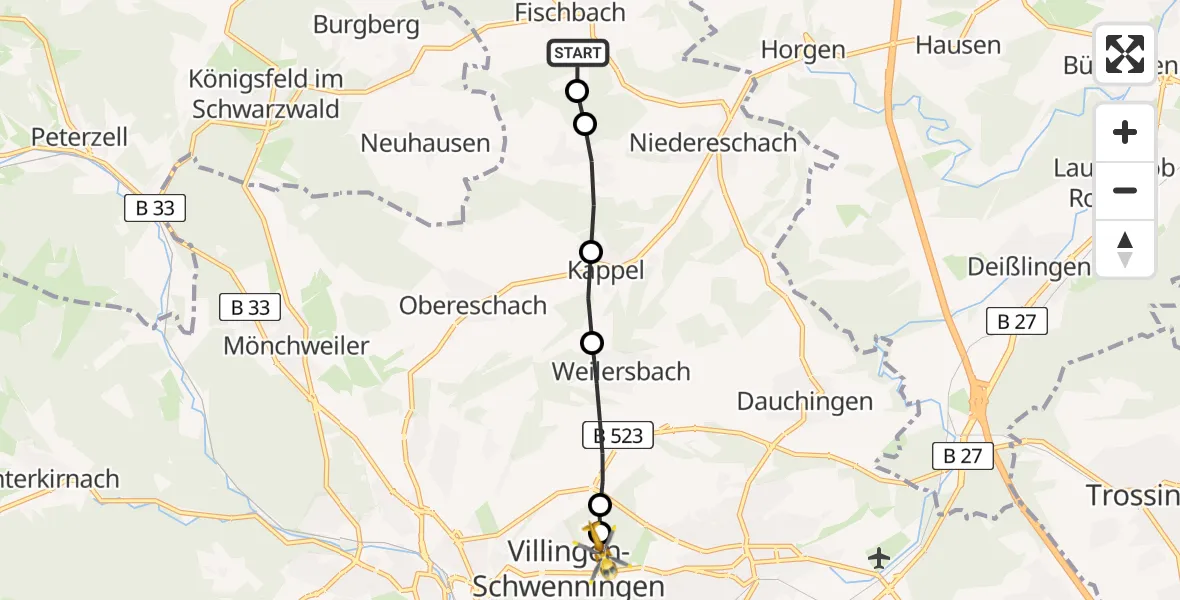 Flugroute Rettungshubschrauber Fischbach - DRF Air Rescue Station Villingen-Schwenningen Heliport (Christoph 11), 05 März 2026, 20:15