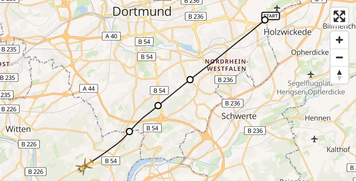 Flugroute Ambulanzhubschrauber Dortmund Airport - Herdecke, 05 März 2026, 20:22