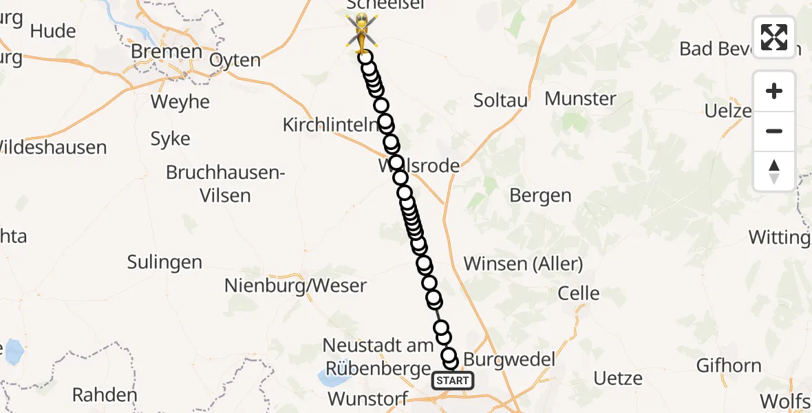 Flugroute Ambulanzhubschrauber Hannover Airport - Rotenburg, 05 März 2026, 20:35